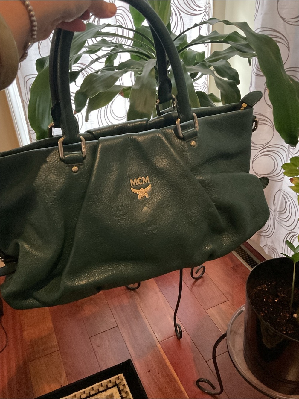 MCM Dark Green Leather Embossed Tote with Gold Logo Hardware